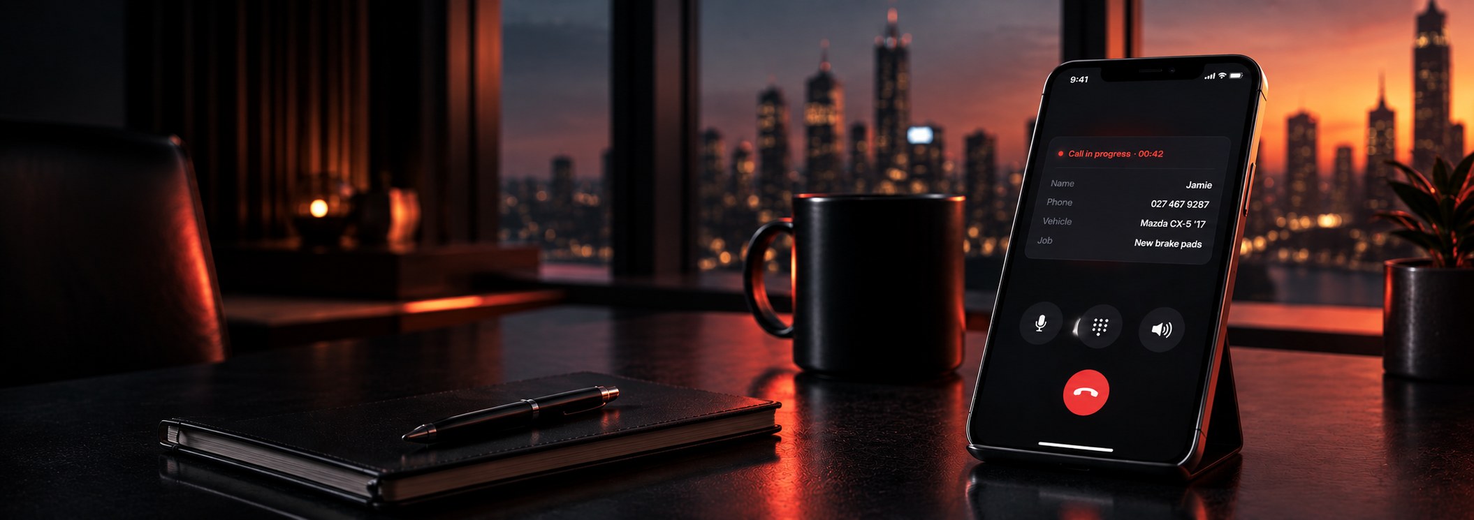 A phone showing an AI Voice Agent call in progress, with the caller's name, number, vehicle, and job already captured