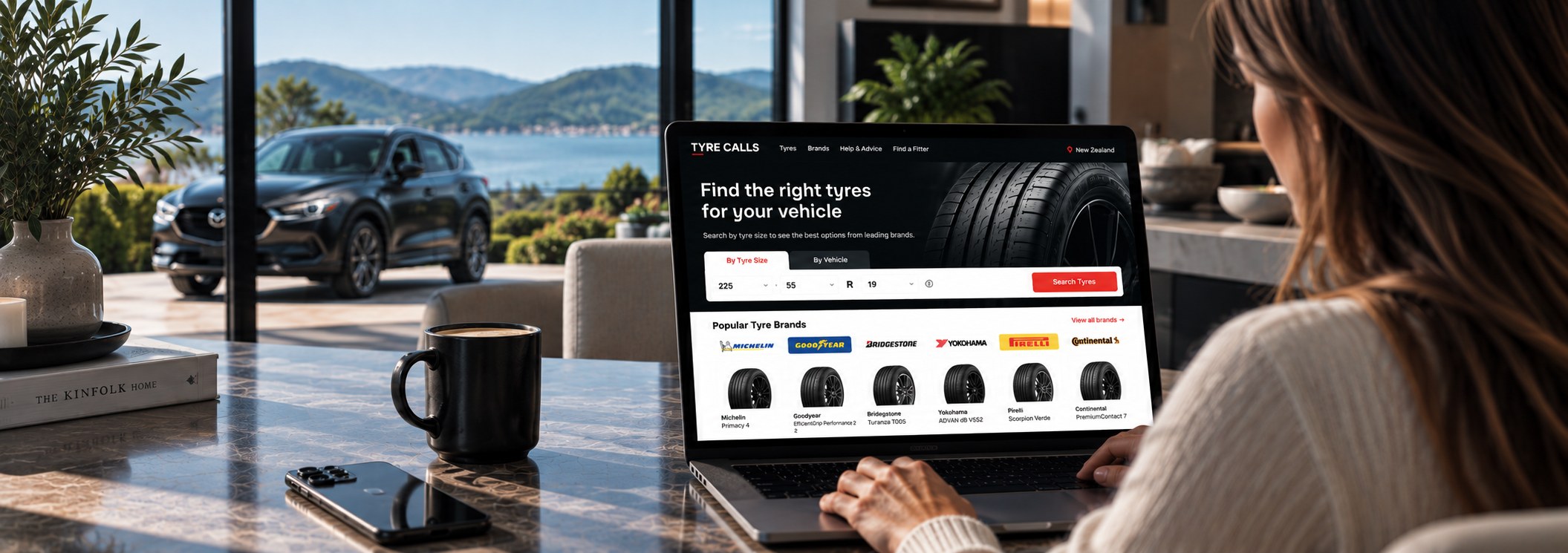 A customer browsing the Tyre Calls website on a laptop, with the tyre search tool open and results ready to book